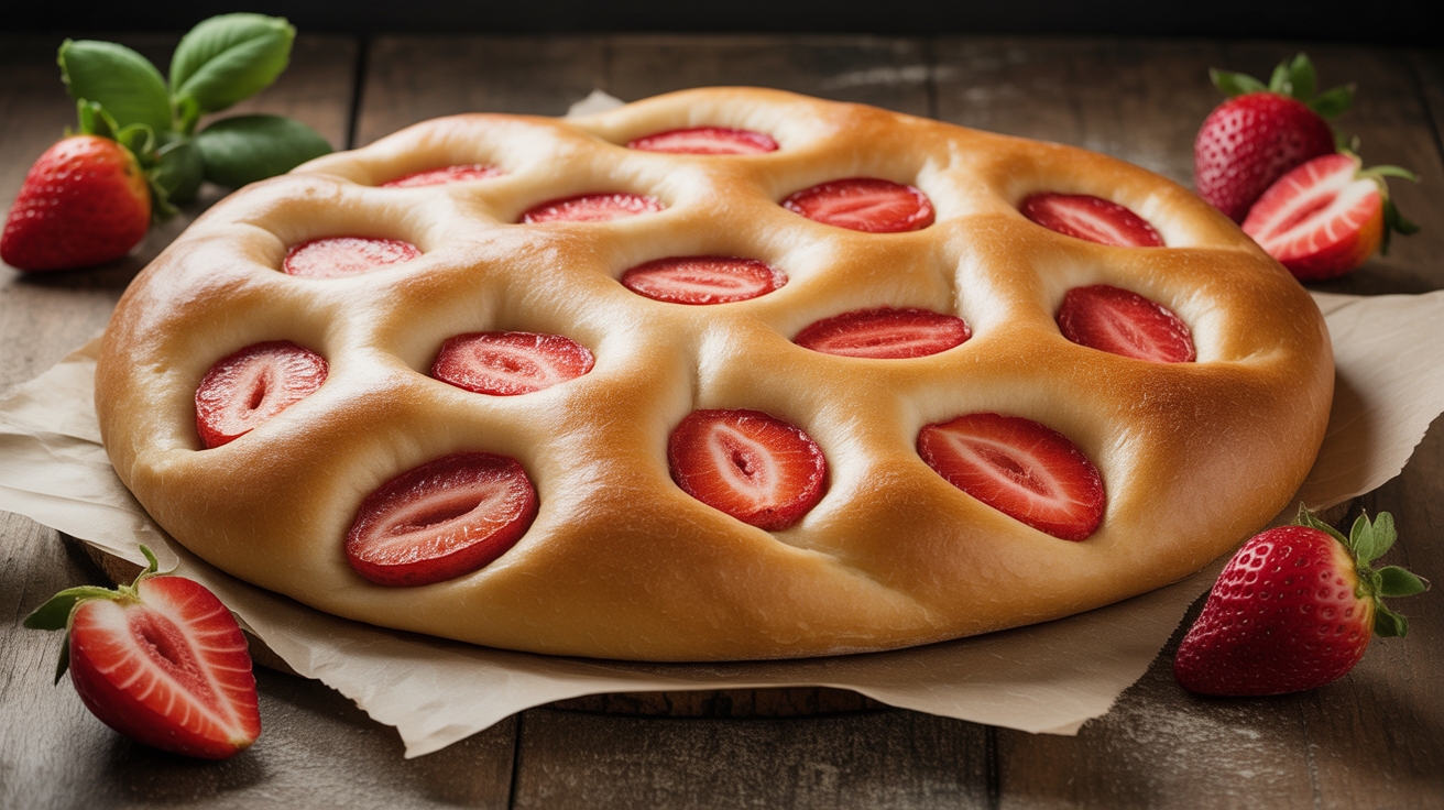 Préparation de Révolution Gourmande en Italie : La Focaccia à la Fraise, Douceur Inattendue Qui Conquiert Les Boulangeries