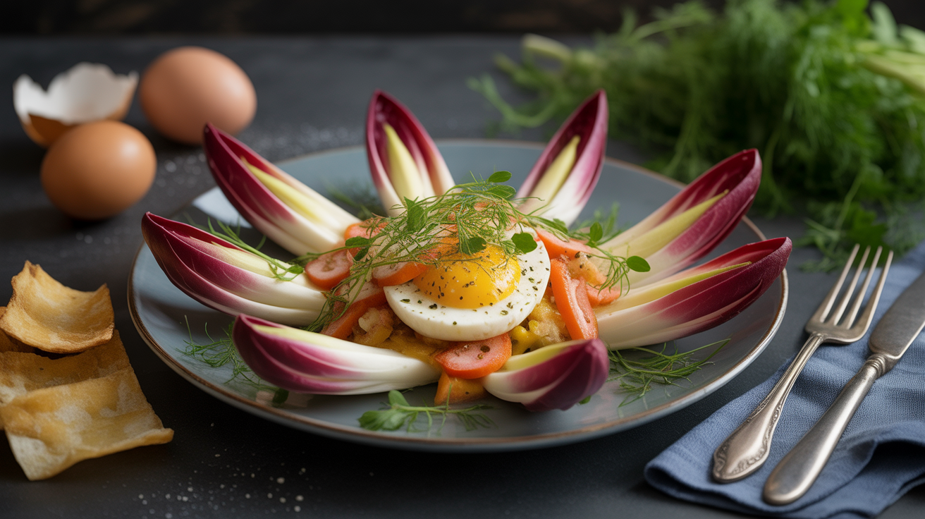 Recette de salade d’endives rouges au bleu, œuf dur et chips de lard