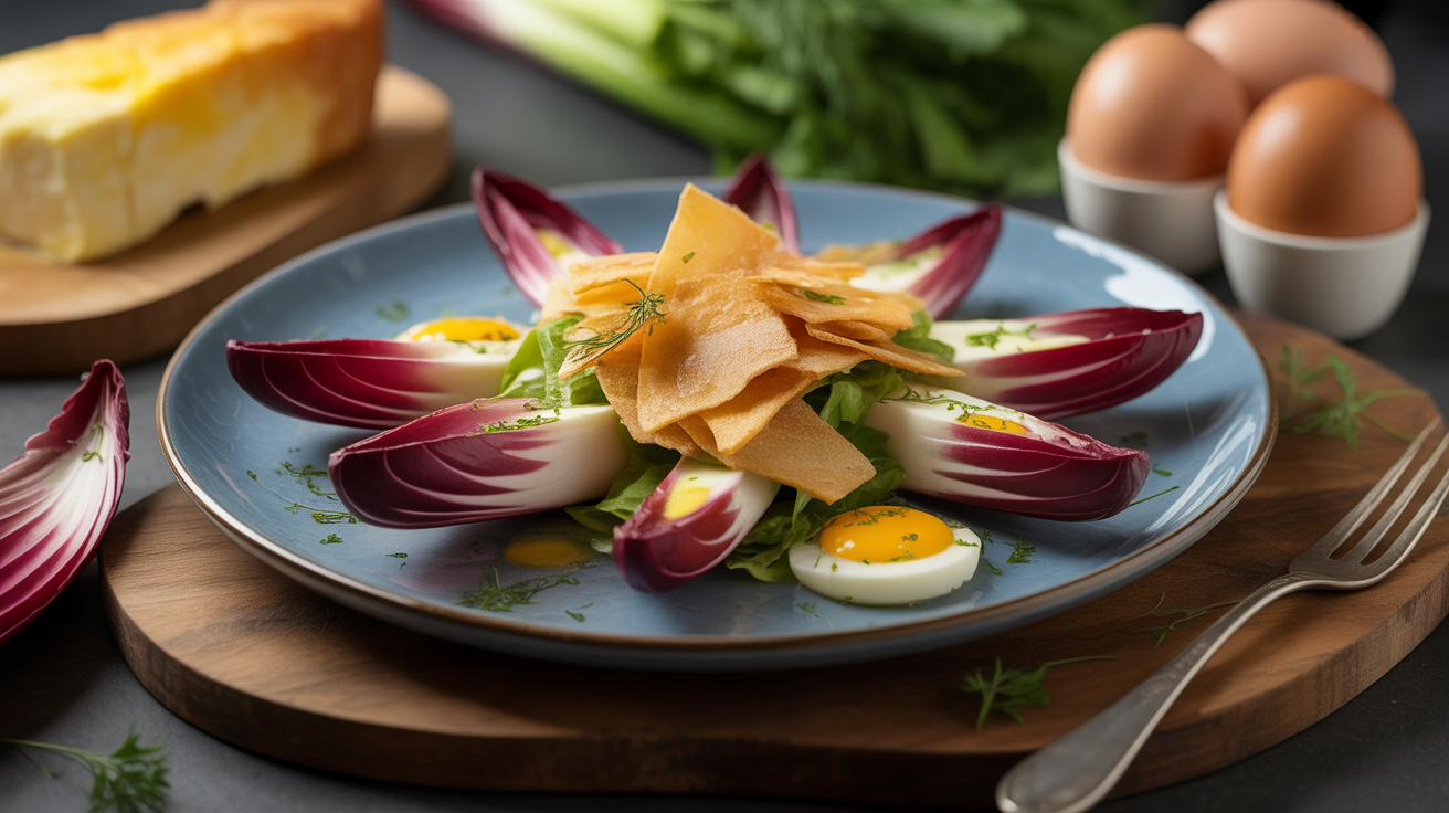 Préparation de Recette de salade d’endives rouges au bleu, œuf dur et chips de lard