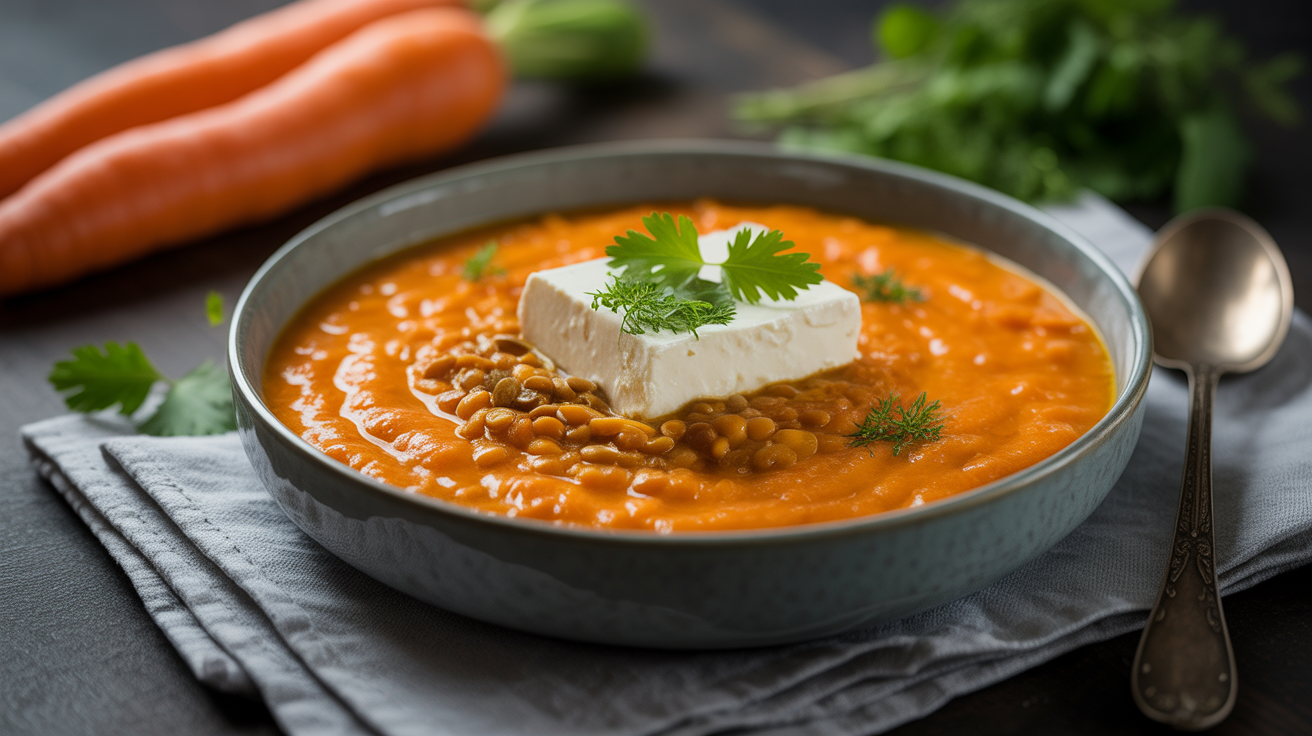 Préparation de Recette du Velouté de carottes et lentilles corail au fromage frais : la quintessence de la gourmandise réconfortante