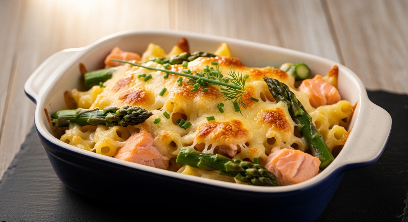 Gratin de Pâtes au Micro-Ondes : Saumon, Asperges & Parmesan