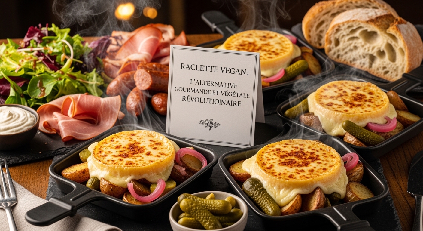 La <strong>Raclette Vegan</strong> : L&rsquo;Alternative Gourmande et Végétale Révolutionnaire »><figcaption>La <strong>Raclette Vegan</strong> : L&rsquo;Alternative Gourmande et Végétale Révolutionnaire</figcaption></figure>
<p>Qui a dit que la gourmandise ne pouvait pas être végétale ? Préparez-vous à revoir vos classiques avec notre recette de <strong>raclette vegan</strong>, une symphonie de saveurs et de textures qui fera fondre de plaisir les papilles de tous, végétaliens ou non. Oubliez les idées reçues et préparez-vous à une expérience culinaire conviviale, saine et incroyablement délicieuse.</p>
<div class=