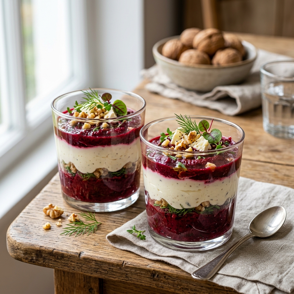 Verrine Betterave, Noix et Crème de Camembert : Fraîcheur & Élégance en Bouche